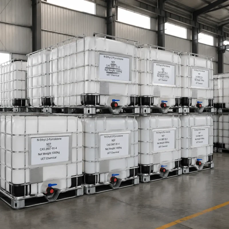 nep-n-ethyl-2-pyrrolidone-ibc-ton-container-1000kg-warehouse Stacked white IBC ton containers (Net Weight: 1000kg each) of N-Ethyl-2-Pyrrolidone (NEP, CAS 2687-91-4) in warehouse, all labeled UET Chemical, large-volume industrial packaging for bulk chemical supply and logistics