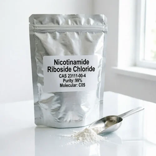 nicotinamide-riboside-chloride-cas-23111-00-4-high-purity-aluminum-foil-bag High purity 99% Nicotinamide Riboside Chloride CAS 23111-00-4 white powder in a sealed aluminum foil bag with a scoop, ensuring moisture-resistant and light-proof sample packaging.
