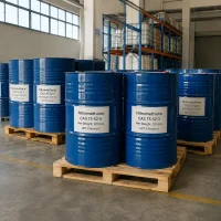 nitromethane-200kg-blue-drum-warehouse-pallet Multiple 200kg blue plastic drums of Nitromethane (CAS 75-52-5) on wooden pallets in industrial warehouse, labeled UET Chemical, bulk packaging for solvent and fuel additive applications
