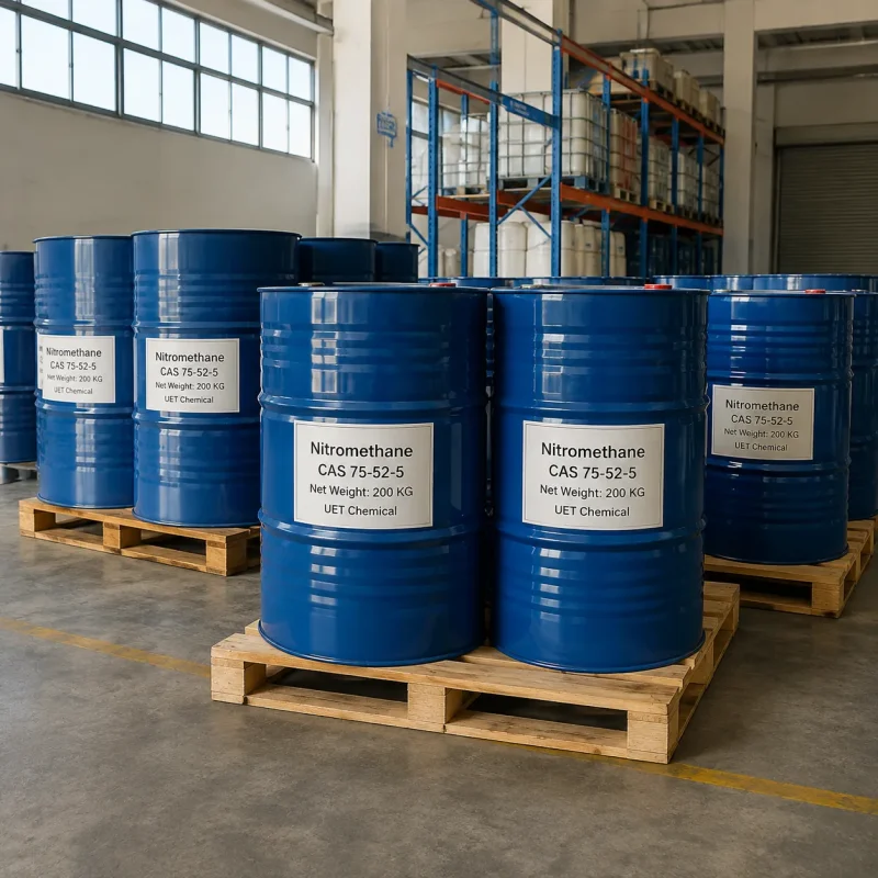 nitromethane-200kg-blue-drum-warehouse-pallet Multiple 200kg blue plastic drums of Nitromethane (CAS 75-52-5) on wooden pallets in industrial warehouse, labeled UET Chemical, bulk packaging for solvent and fuel additive applications
