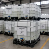 nop-cas-2687-94-7-ibc-ton-container-bulk-storage Stacked white IBC ton containers (Net Weight: 900kg each) of N-Octyl-2-pyrrolidone (NOP, CAS 2687-94-7) in warehouse, labeled UET Chemical, bulk industrial packaging for large-scale solvent supply