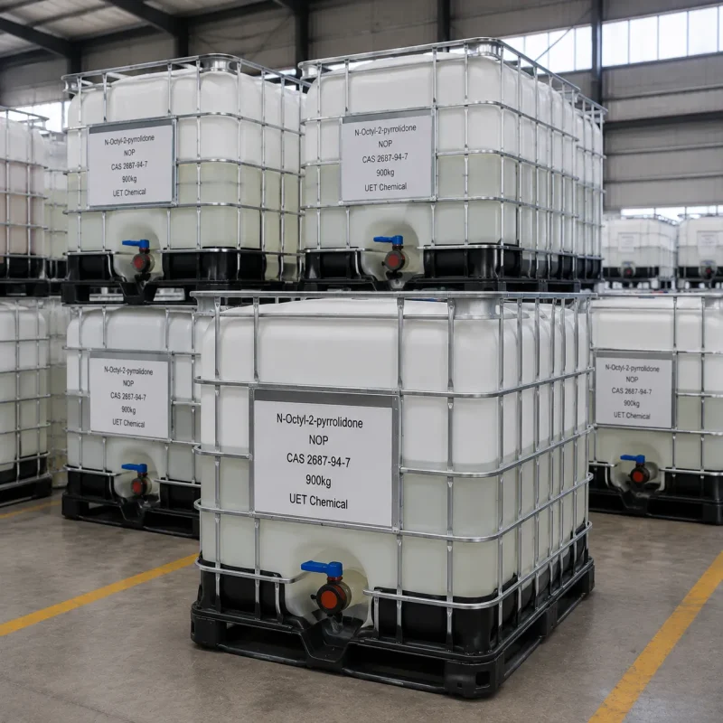 nop-cas-2687-94-7-ibc-ton-container-bulk-storage Stacked white IBC ton containers (Net Weight: 900kg each) of N-Octyl-2-pyrrolidone (NOP, CAS 2687-94-7) in warehouse, labeled UET Chemical, bulk industrial packaging for large-scale solvent supply