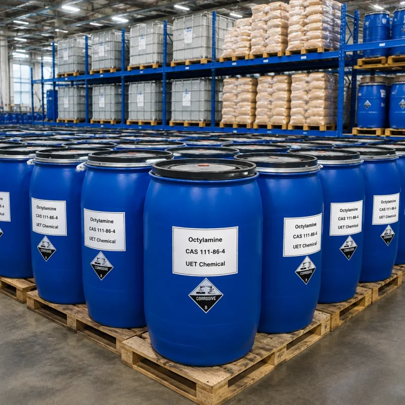 octylamine-cas-111-86-4-blue-plastic-drum-warehouse Large quantity of blue plastic drums containing Octylamine (n-Octylamine, CAS 111-86-4) stacked on pallets in warehouse, labeled UET Chemical with Corrosive hazard sign