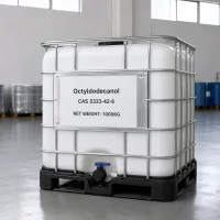 octyldodecanol-cas-5333-42-6-1000kg-ibc-ton-container-packaging Large white IBC ton container of Octyldodecanol CAS 5333-42-6 with metal frame and bottom valve, labeled with product name, CAS number, and 1000kg net weight, positioned in spacious industrial warehouse.