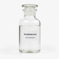 octyldodecanol-cas-5333-42-6-clear-liquid-sample-glass-bottle Clear colorless liquid sample of Octyldodecanol CAS 5333-42-6 in a glass reagent bottle with ground glass stopper on a white background, with label showing chemical name and CAS number.