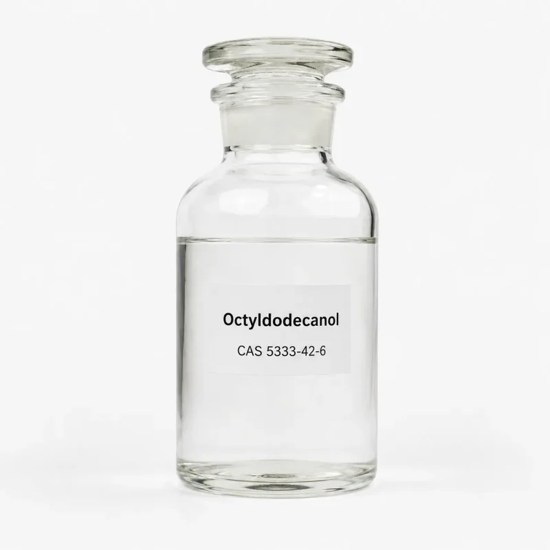 octyldodecanol-cas-5333-42-6-clear-liquid-sample-glass-bottle Clear colorless liquid sample of Octyldodecanol CAS 5333-42-6 in a glass reagent bottle with ground glass stopper on a white background, with label showing chemical name and CAS number.