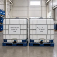 octylphenol-ethoxylate-opeo-cas-9002-93-1-1000kg-ibc-tote-tank Two 1000kg IBC tote tanks of Octylphenol Ethoxylate (OPEO) CAS 9002-93-1 side by side on blue pallets in a warehouse, featuring metal cages and discharge valves for bulk industrial supply.