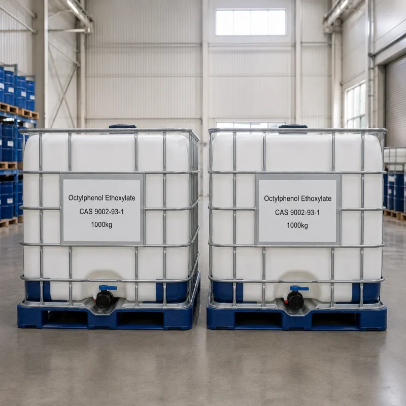 octylphenol-ethoxylate-opeo-cas-9002-93-1-1000kg-ibc-tote-tank Two 1000kg IBC tote tanks of Octylphenol Ethoxylate (OPEO) CAS 9002-93-1 side by side on blue pallets in a warehouse, featuring metal cages and discharge valves for bulk industrial supply.