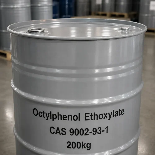 Single 200kg grey steel drum of Octylphenol Ethoxylate (OPEO) CAS 9002-93-1 in a warehouse, with black text printed directly on the drum indicating net weight and chemical name.
