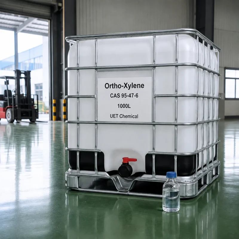 ortho-xylene-cas-95-47-6-1000l-ibc-tote-tank-with-sample 1000L white IBC tote tank of Ortho-Xylene CAS 95-47-6 with a small sample bottle in front on a warehouse floor, label showing UET Chemical branding and capacity.