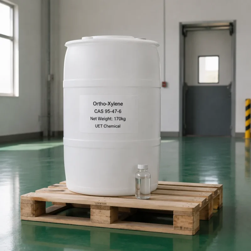 ortho-xylene-cas-95-47-6-170kg-white-plastic-drum-with-sample 170kg white plastic drum of Ortho-Xylene CAS 95-47-6 with a small glass sample bottle on a wooden pallet in a warehouse, label showing UET Chemical branding.
