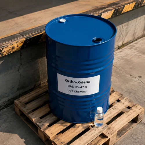 ortho-xylene-cas-95-47-6-blue-metal-drum-with-sample-bottle Blue metal drum of Ortho-Xylene CAS 95-47-6 with a small sample bottle beside it on a wooden pallet at a loading dock, label showing UET Chemical branding.