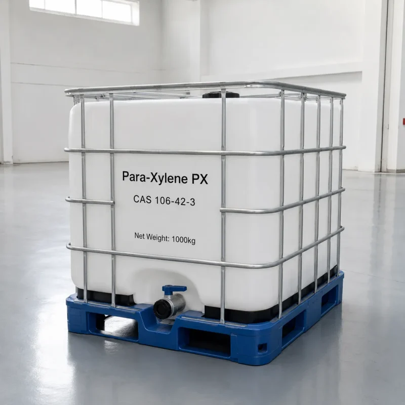 para-xylene-px-cas-106-42-3-1000kg-white-ibc-tote-tank White IBC tote tank (1000kg) of Para-Xylene PX CAS 106-42-3 on a blue plastic pallet in a clean warehouse, label showing UET Chemical branding and net weight.