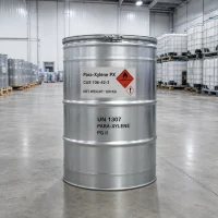 para-xylene-px-cas-106-42-3-180kg-silver-metal-drum-with-hazard-label Silver metal drum (180kg) of Para-Xylene PX CAS 106-42-3 in a large warehouse, label showing flammable liquid hazard symbol, UN 1307, and UET Chemical branding, with other drums and IBC tanks in the background.