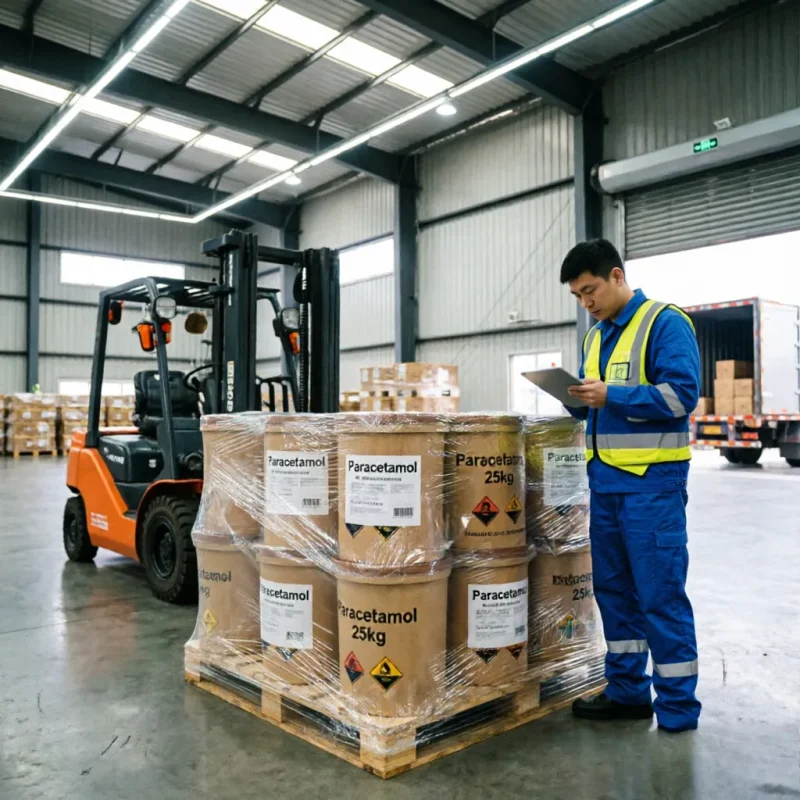 paracetamol-cas-103-90-2-warehouse-logistics-bulk-export Warehouse staff conducting inventory check for 25kg Paracetamol CAS 103-90-2 drums on pallets, with forklift ready for bulk container loading and safe export delivery.