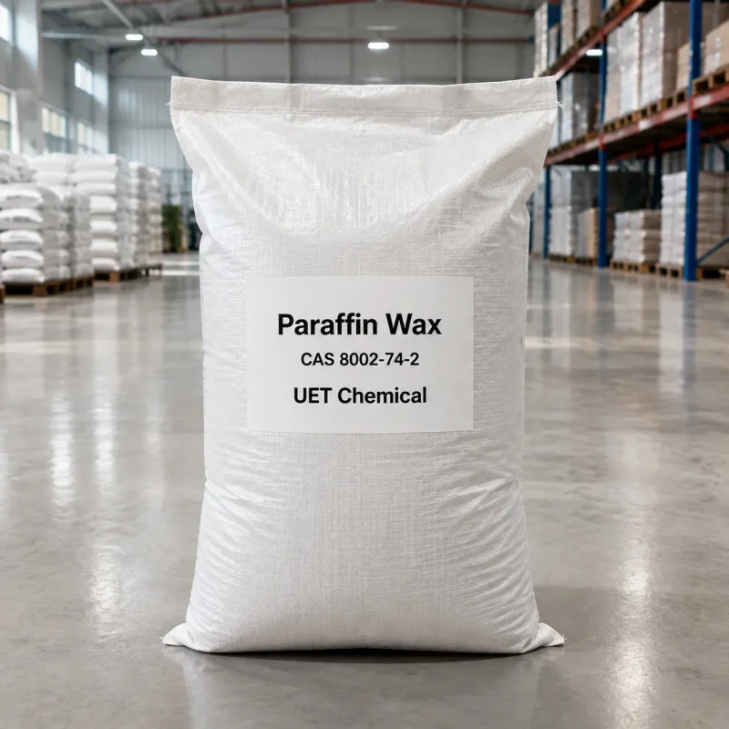 paraffin-wax-bag-bulk-storage-cas-8002-74-2 Large white woven bag of paraffin wax granules, CAS 8002-74-2, UET Chemical, stacked in warehouse for wholesale distribution