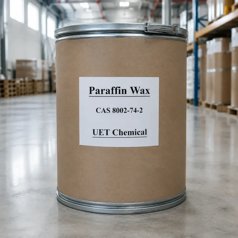 paraffin-wax-bulk-drum-warehouse-cas-8002-74-2 Industrial paraffin wax in cardboard drum with metal lid, labeled CAS 8002-74-2 and UET Chemical, stored in warehouse for bulk export