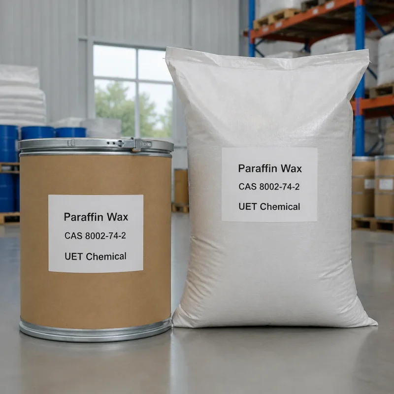 paraffin-wax-drum-and-bag-comparison-cas-8002-74-2 Side-by-side display of paraffin wax in cardboard drum and woven bag, both labeled CAS 8002-74-2 and UET Chemical, showing bulk packaging options for B2B buyers