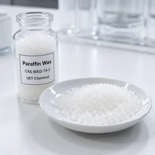 paraffin-wax-granules-lab-sample-cas-8002-74-2 White paraffin wax granules in glass lab bottle and white dish, CAS 8002-74-2, UET Chemical brand, for candle making and industrial use