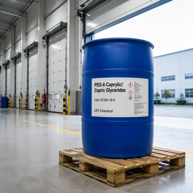 Large blue plastic drum of PEG-6 Caprylic/Capric Glycerides CAS 127281-18-9 on a pallet near a warehouse loading dock, featuring a clear product label with hazard symbols.