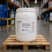 White plastic pail containing PEG-6 Caprylic/Capric Glycerides CAS 127281-18-9 on a wooden pallet in a warehouse, labeled with UET Chemical branding and 25kg net weight.