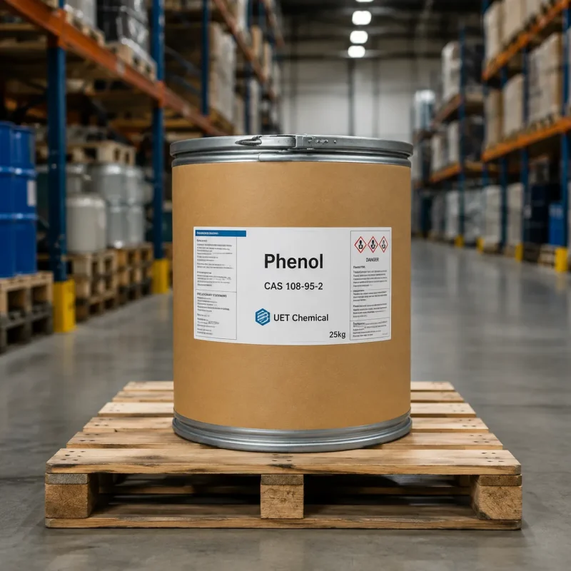 phenol-cas-108-95-2-25kg-fiber-drum-in-warehouse 25kg brown fiber drum of Phenol CAS 108-95-2 on a wooden pallet inside a warehouse aisle, labeled with UET Chemical logo and danger warning signs.