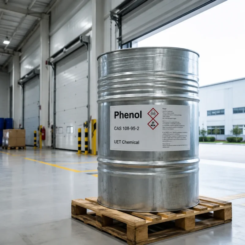phenol-cas-108-95-2-silver-metal-drum-on-pallet Silver metal drum of Phenol CAS 108-95-2 on a wooden pallet near a warehouse loading dock, labeled with UET Chemical branding and GHS toxic hazard symbols.