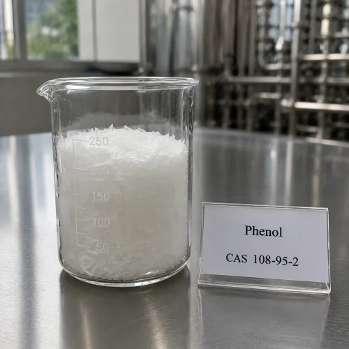 phenol-cas-108-95-2-white-crystalline-sample-beaker White crystalline sample of Phenol CAS 108-95-2 in a transparent glass beaker on a stainless steel lab bench, next to a label card showing product name and CAS number.