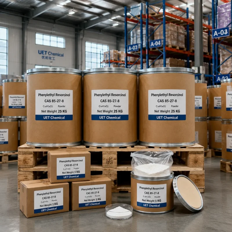 phenylethyl-resorcinol-cas-85-27-8-25kg-drum-packaging Phenylethyl Resorcinol CAS 85-27-8 stock in 25 kg fiber drums and 1 kg boxes at UET Chemical warehouse