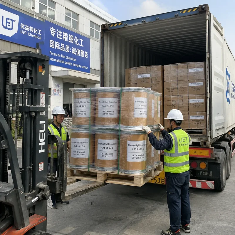 phenylethyl-resorcinol-cas-85-27-8-container-loading UET Chemical workers loading 25 kg Phenylethyl Resorcinol CAS 85-27-8 fiber drums into an export container by forklift