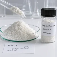 phenylethyl-resorcinol-cas-85-27-8-white-powder Phenylethyl Resorcinol CAS 85-27-8 white crystalline powder shown with sample vial and C14H14O2 molecular structure card