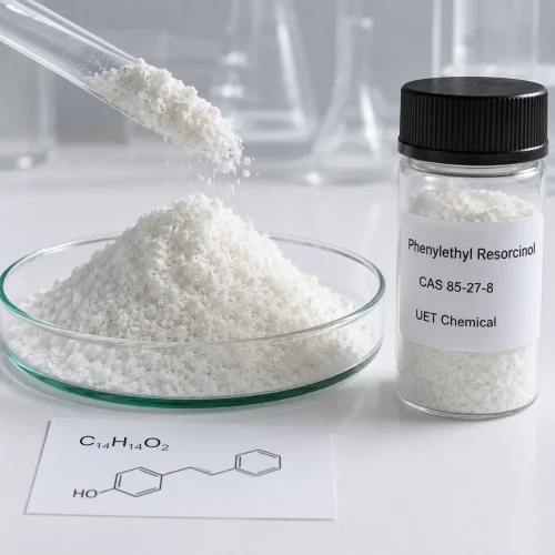 Phenylethyl Resorcinol CAS 85-27-8 white crystalline powder shown with sample vial and C14H14O2 molecular structure card