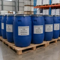 phmb-cas-27083-27-8-blue-plastic-drum-bulk-packaging Row of blue plastic drums (Net Weight: 200kg each) containing Poly(hexamethylenebiguanide) hydrochloride (PHMB, CAS 27083-27-8) stacked on wooden pallets in warehouse, labeled UET Chemical, industrial bulk packaging for water treatment and textile industry use
