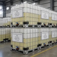 phmb-cas-27083-27-8-ibc-ton-container-bulk-storage Stacked white IBC ton containers (Net Weight: 1000kg each) of Poly(hexamethylenebiguanide) hydrochloride (PHMB, CAS 27083-27-8) in warehouse, labeled UET Chemical, large-scale industrial storage for export and bulk chemical supply