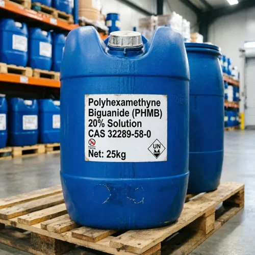 Close-up of a 25kg blue plastic jerrycan of Polyhexamethylene Biguanide (PHMB) 20% Solution CAS 32289-58-0 on a wooden pallet, featuring UN hazard and handling labels.