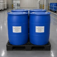 phmg-hcl-blue-drum-200kg-pallet-warehouse Four blue plastic drums of Polyhexamethylene Guanidine Hydrochloride (PHMG HCl, CAS 57028-96-3) on black pallet in warehouse, each labeled UET Chemical with Net 200 kg, bulk packaging for industrial disinfectant and water treatment applications