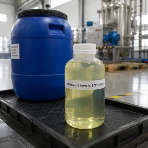 phmg-hcl-liquid-sample-bottle-blue-drum-background Clear plastic bottle containing pale yellow liquid Polyhexamethylene Guanidine Hydrochloride (PHMG HCl, CAS 57028-96-3) on black tray, with large blue drum in background, labeled UET Chemical, sample for antimicrobial solution demonstration