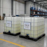 phmg-hcl-white-ibc-tote-1000kg-warehouse-stock Two white IBC totes filled with pale yellow liquid Polyhexamethylene Guanidine Hydrochloride (PHMG HCl, CAS 57028-96-3) on black pallets in warehouse, labeled UET Chemical with Net 1000 kg, large-volume packaging for commercial sanitizer and biocide supply