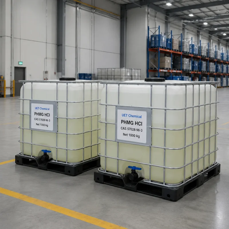 phmg-hcl-white-ibc-tote-1000kg-warehouse-stock Two white IBC totes filled with pale yellow liquid Polyhexamethylene Guanidine Hydrochloride (PHMG HCl, CAS 57028-96-3) on black pallets in warehouse, labeled UET Chemical with Net 1000 kg, large-volume packaging for commercial sanitizer and biocide supply