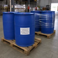 phosphoric-acid-cas-7664-38-2-330kg-blue-plastic-drum Blue plastic drums labeled Phosphoric Acid CAS 7664-38-2 with 330kg net weight stacked on wooden pallets, industrial grade liquid acid supply for rust removal and water treatment from UET Chemical.