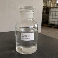 phosphoric-acid-cas-7664-38-2-clear-liquid-sample-bottle Clear glass reagent bottle containing colorless liquid Phosphoric Acid CAS 7664-38-2 sample, high purity chemical ingredient for food additives and fertilizers from UET Chemical.
