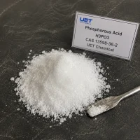 phosphorous-acid-h3po3-cas-13598-36-2-white-crystal-sample Pile of white crystalline powder Phosphorous Acid (H3PO3, CAS 13598-36-2) on dark stone surface with metal spatula, labeled UET Chemical, sample for agricultural fungicide or water treatment chemical verification