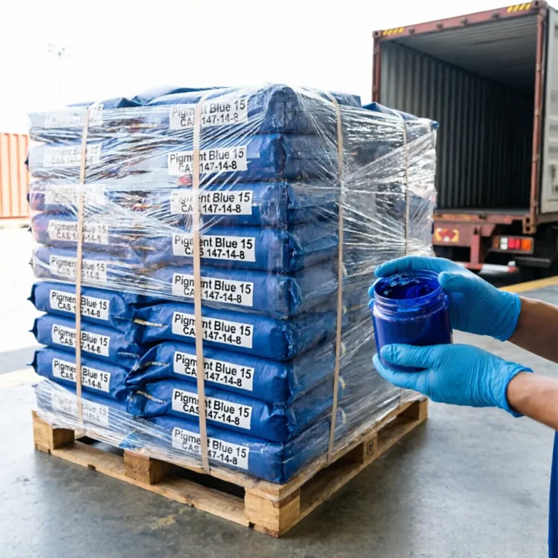 phthalocyanine-blue-pigment-blue-15-pallet-export-container Export shipment of Phthalocyanine Blue (Pigment Blue 15) 25kg paper bags stacked on a wooden pallet and shrink-wrapped, with gloved hands presenting an example pigment paste sample in front of a logistics container.