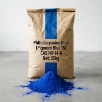 phthalocyanine-blue-pigment-blue-15-powder-25kg-kraft-paper-bag High-purity Phthalocyanine Blue (Pigment Blue 15, CAS 147-14-8) fine powder pile placed in front of a 25kg kraft paper bag, showcasing the vivid blue color for coatings, paints, and inks.