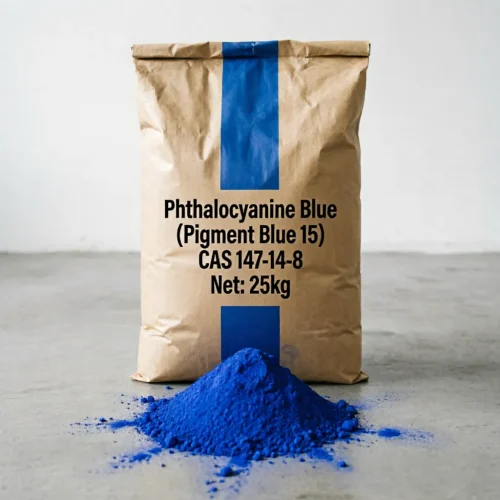 High-purity Phthalocyanine Blue (Pigment Blue 15, CAS 147-14-8) fine powder pile placed in front of a 25kg kraft paper bag, showcasing the vivid blue color for coatings, paints, and inks.