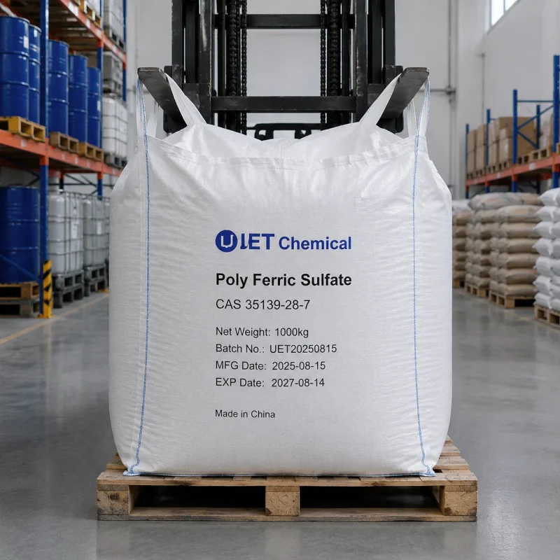 poly-ferric-sulfate-pfs-1000kg-ton-bag-forklift-cas-35139-28-7 1000kg FIBC ton bag of poly ferric sulfate PFS CAS 35139-28-7 lifted by forklift in UET Chemical warehouse