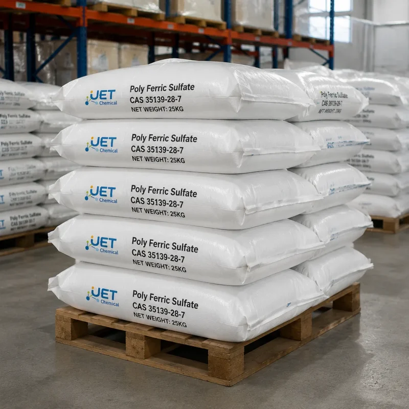 poly-ferric-sulfate-pfs-25kg-bags-stacked-pallet-cas-35139-28-7 Stacked 25kg bags of poly ferric sulfate PFS CAS 35139-28-7 by UET Chemical on warehouse pallet, bulk stock behind