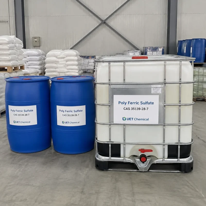 poly-ferric-sulfate-pfs-liquid-ibc-tote-drums-cas-35139-28-7 Blue plastic drums and IBC tote of liquid poly ferric sulfate PFS CAS 35139-28-7 in UET Chemical warehouse