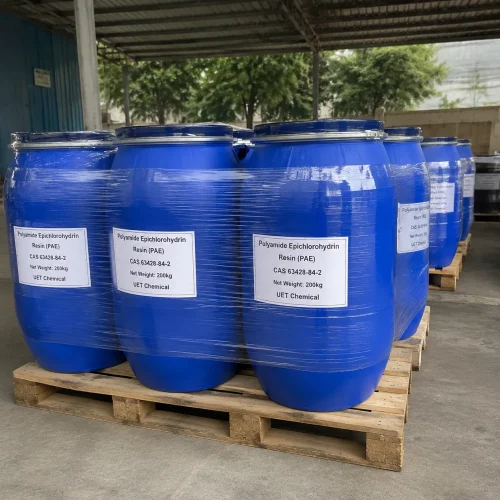 Blue plastic drums of Polyamide Epichlorohydrin Resin (PAE) CAS 63428-84-2, 200kg each, stacked on a wooden pallet and wrapped in clear plastic film inside a warehouse.