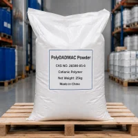 polydadmac-powder-25kg-bag-cas-26590-05-6. 25kg bag of PolyDADMAC Powder CAS 26590-05-6 with a clear label indicating it as a cationic polymer, a highly effective flocculant for industrial wastewater treatment and papermaking processes.